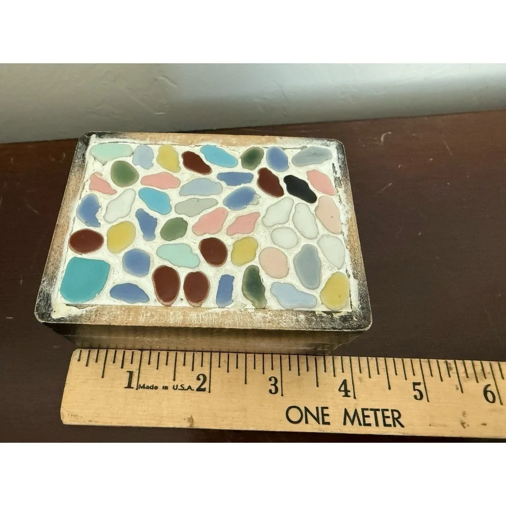 Vintage MCM Mosaic Tile and Wood Trinket Box, Keepsake Box